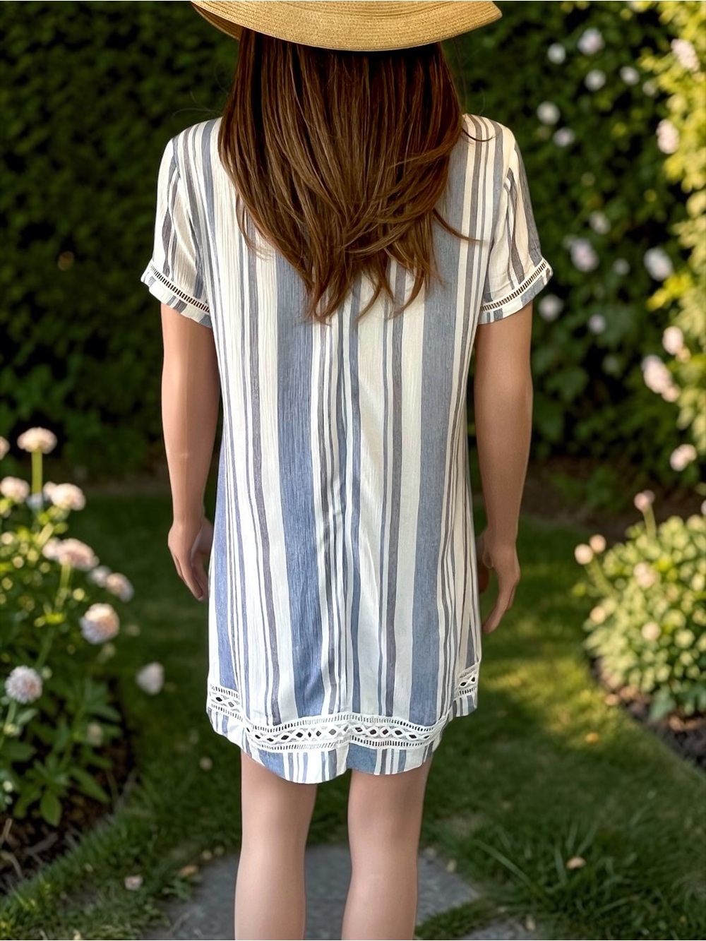 Lulus Blue & White Striped Shift Mini Dress XS Lined Rayon Coastal Boho - Picture 6 of 7